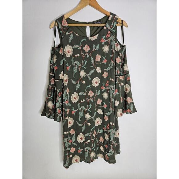 Luxology Dress Floral Embroidered Cold Shoulder Flare Sleeve Green Chic Size 8 - Picture 2 of 7